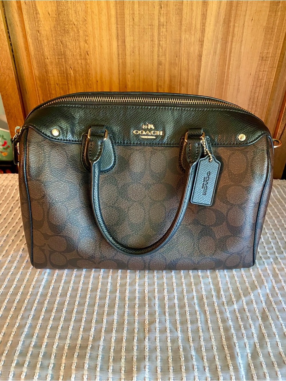 Coach Brown Signature Canvas Satchel with Black Trim